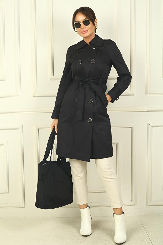 Women's Buttoned Front Waist Belted Pocket Top Coat