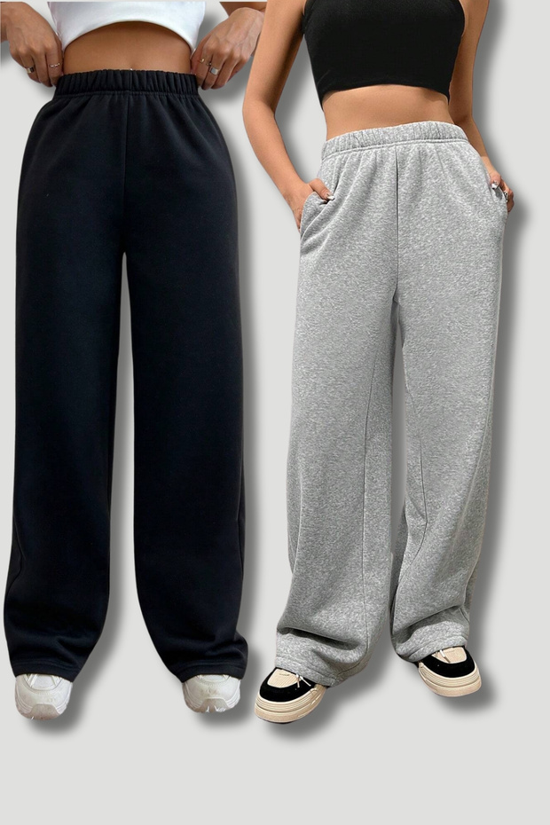 Women's 2-Piece Grey-Black High Waist Wide Leg Joggor Combed Cotton Trousers