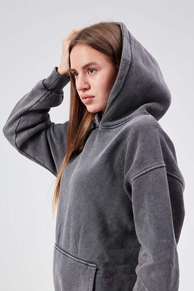 Kapüşonlu Kanguru Cepli Yıkamalı Üç Iplik Eşofman Takım - Antrasit - 7