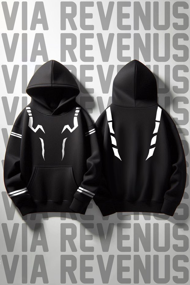 Jujutsu Kaisen Sukuna Tattoo Front Back Printed Soft Fabric Wide Fit Black Hooded Sweatshirt