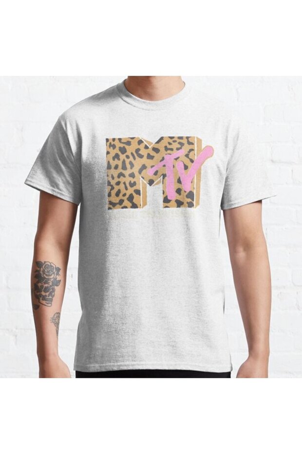Loose Fit Unisex Mtv Leopard Print Vintage Pink Music Television Logo Design Printed T-shirt