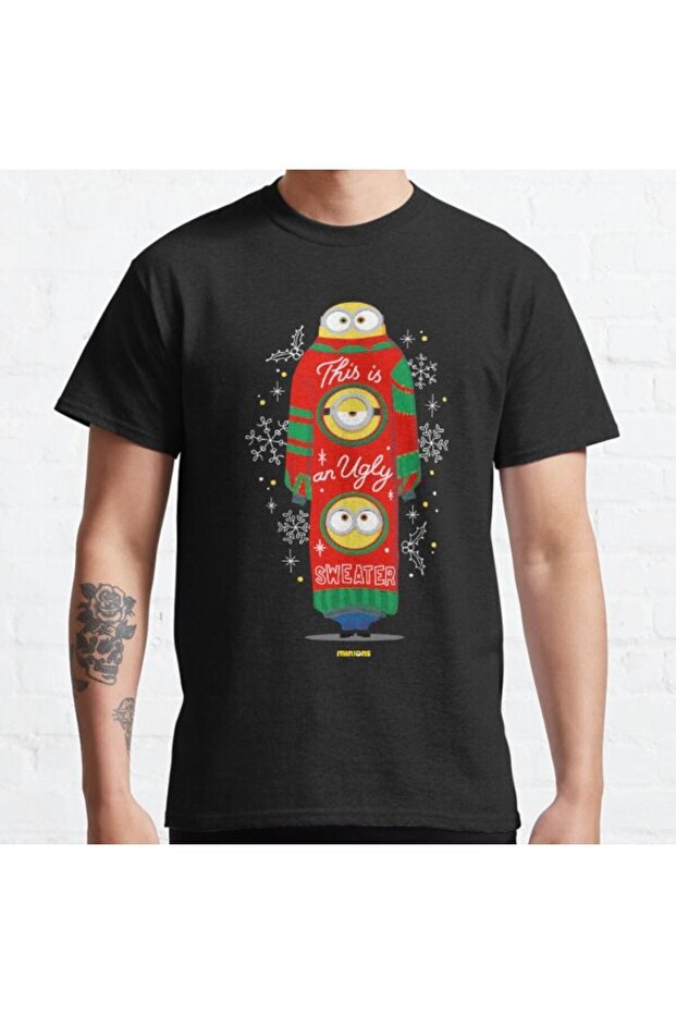 Loose Fit Unisex Minions Christmas Ugly Sweater Group Stack Design Printed T-shirt