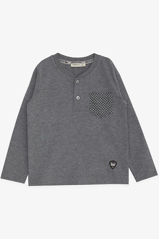 Baby Boy Long Sleeve T-Shirt with Pockets Buttons Embroidered 9 Months-3 Years, Dark Gray Melange