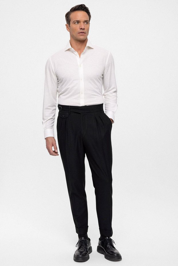 High Waist (Boyfriend Style) Pleated Fabric Pants with Buckle Belt