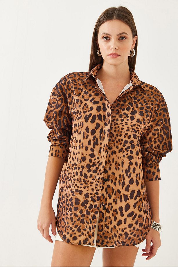 Kadın Leopar Desenli Oversize Basic Gömlek 60351003 - 6