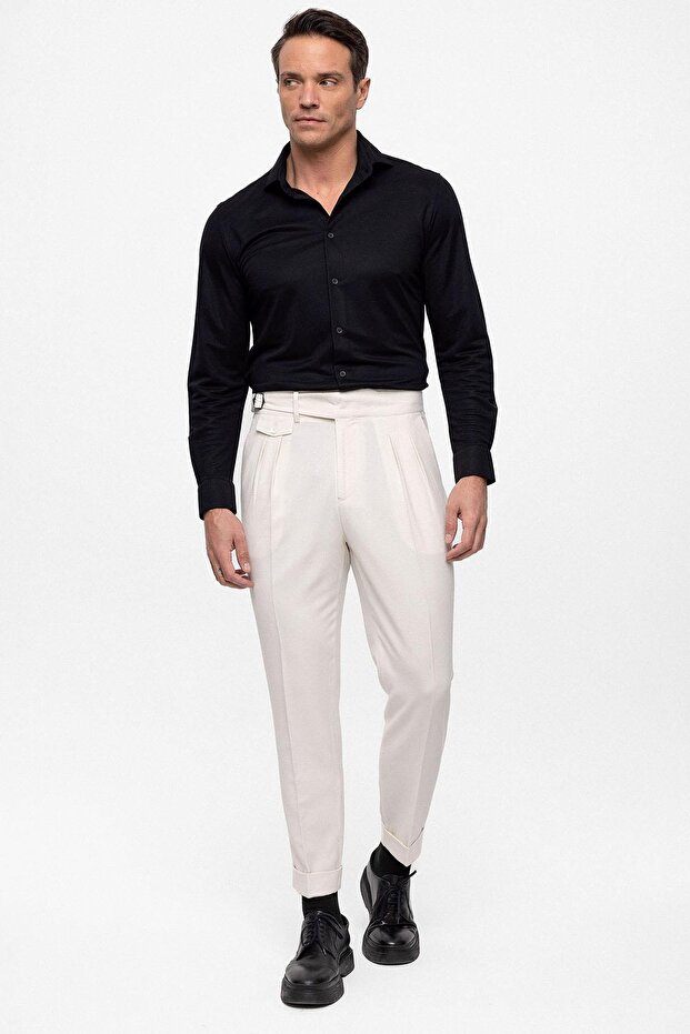 Ecru High Waist (Boyfriend) Pleated Fabric Trousers with Buckle Belt
