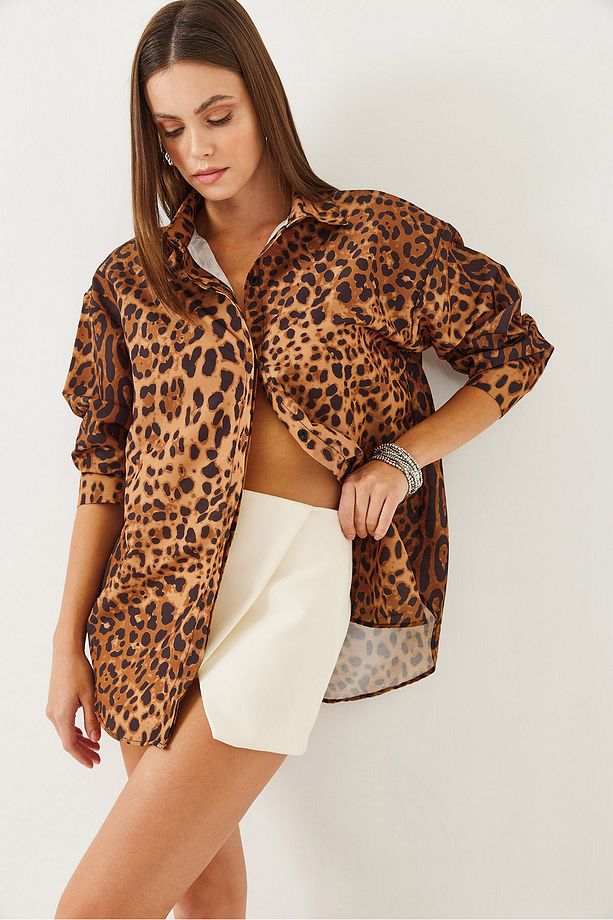Kadın Leopar Desenli Oversize Basic Gömlek 60351003 - 3