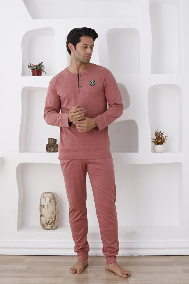 Men's Long Sleeve Pajama Set with Buttons and Pockets - Elasticized Sleeve and Leg - Fall/Winter Season