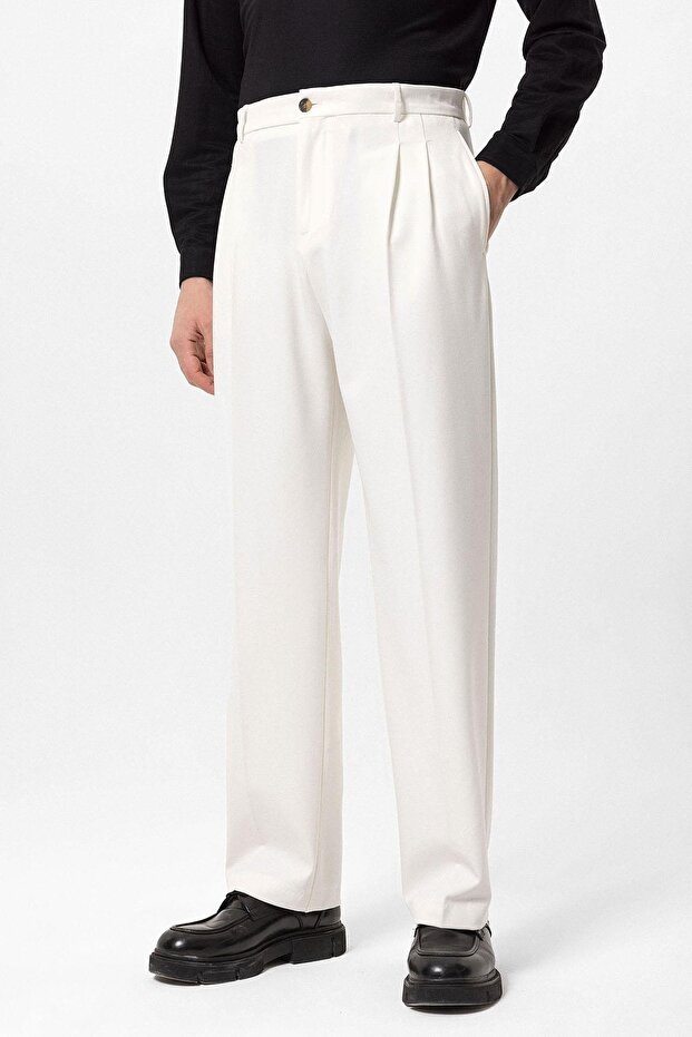 Ecru High Waist Pleated Comfortable Fit Men's Trousers