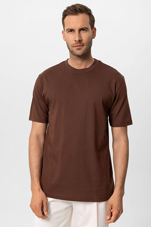 Dark Brown Crew Neck Basic T-Shirt - 1