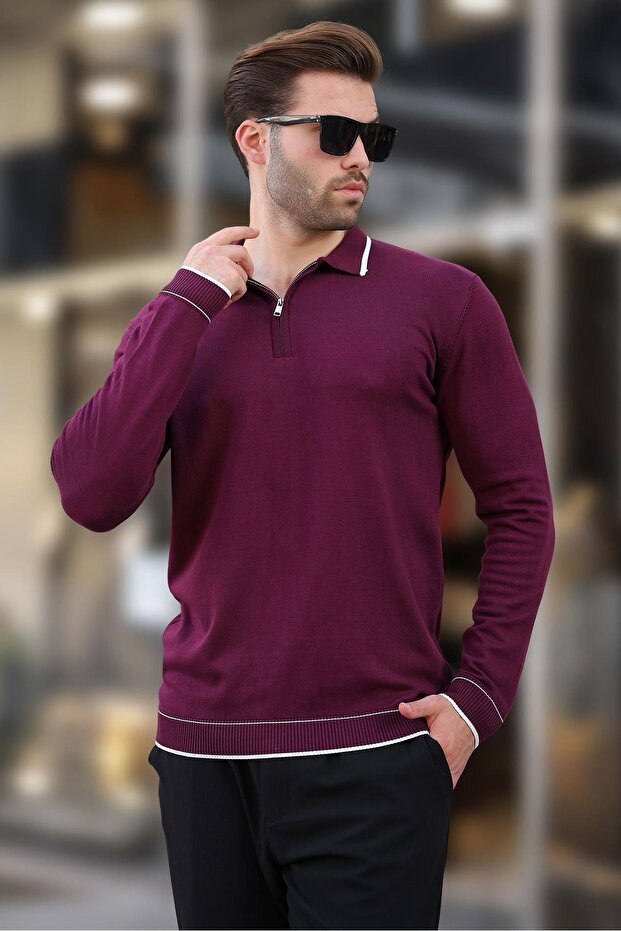 Purple Zippered Polo Collar Stripe Detailed Long Sleeve Sweater 7267