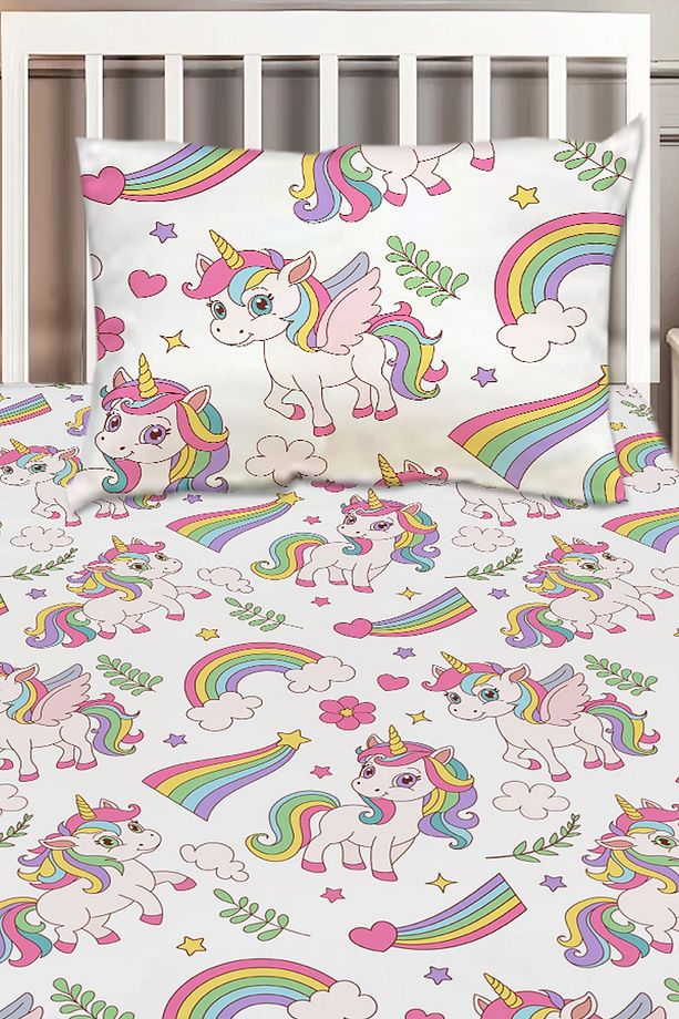 Gökkuşağı Unicorn Atlı Desenli Kız Çocuk Tek Kişilik Dekoratif Yatak Örtüsü Yastık Kılıflı - 2