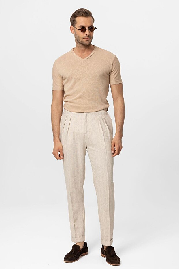 Bej V Yaka Basic Erkek T-Shirt - 3