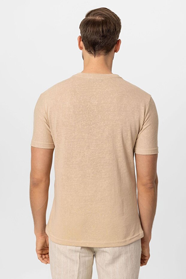 Bej V Yaka Basic Erkek T-Shirt - 7