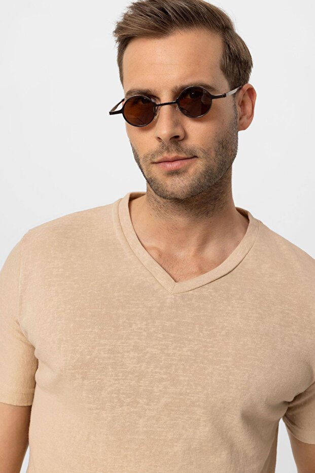 Bej V Yaka Basic Erkek T-Shirt - 6