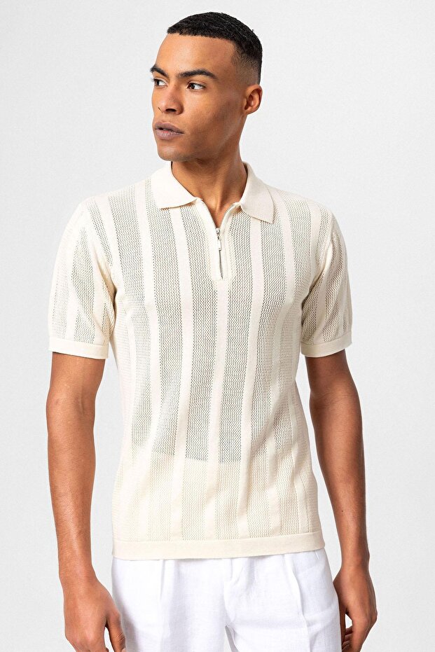 Polo Collar Zippered Knitted Men's T-Shirt