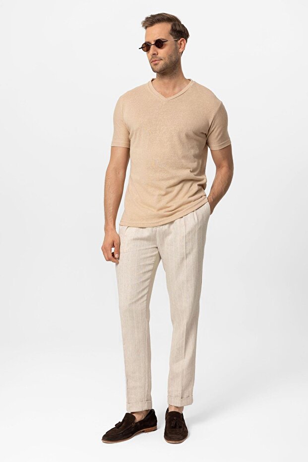 Bej V Yaka Basic Erkek T-Shirt - 4