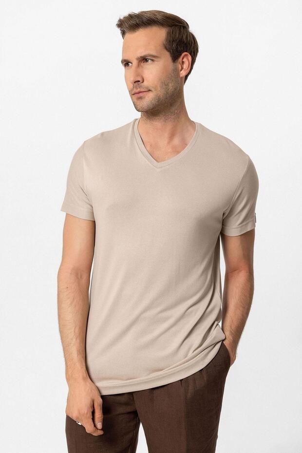 Dark Beige Basic V-Neck Men's T-Shirt