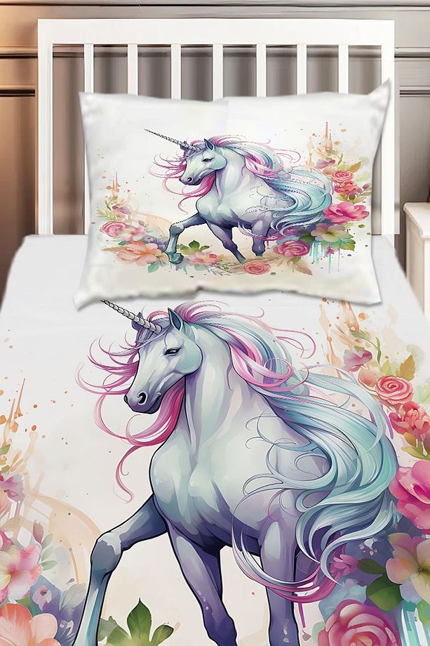Renkli Çiçekli Unicorn Atlı Desenli Kız Çocuk Tek Kişilik Dekoratif Yatak Örtüsü Yastık Kılıflı - 2