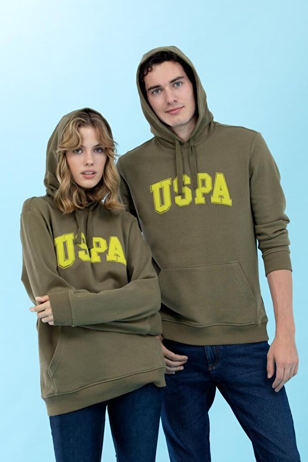 Khaki Hooded Unisex Basic Sweatshirt
