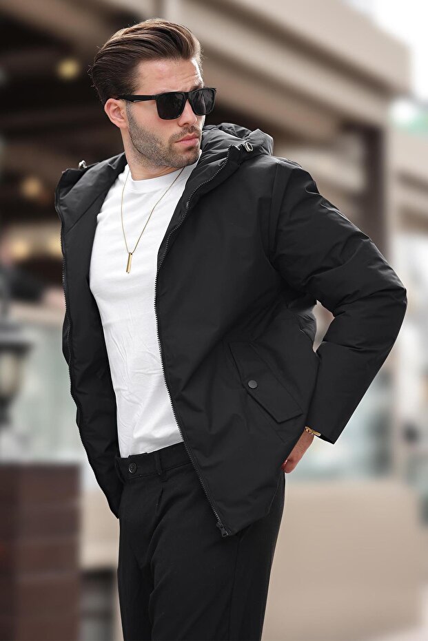 Siyah Kapüşonlu Cepli Erkek Şişme Mont E7238 - 1