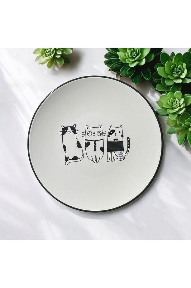 Seramik,desenli tabak,pasta-yemek tabağı,kedi desenli tabak - 2