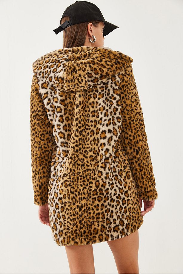 Kadın Kapüşonlu Leopar Desenli Kürk 2457 60251827 - 8