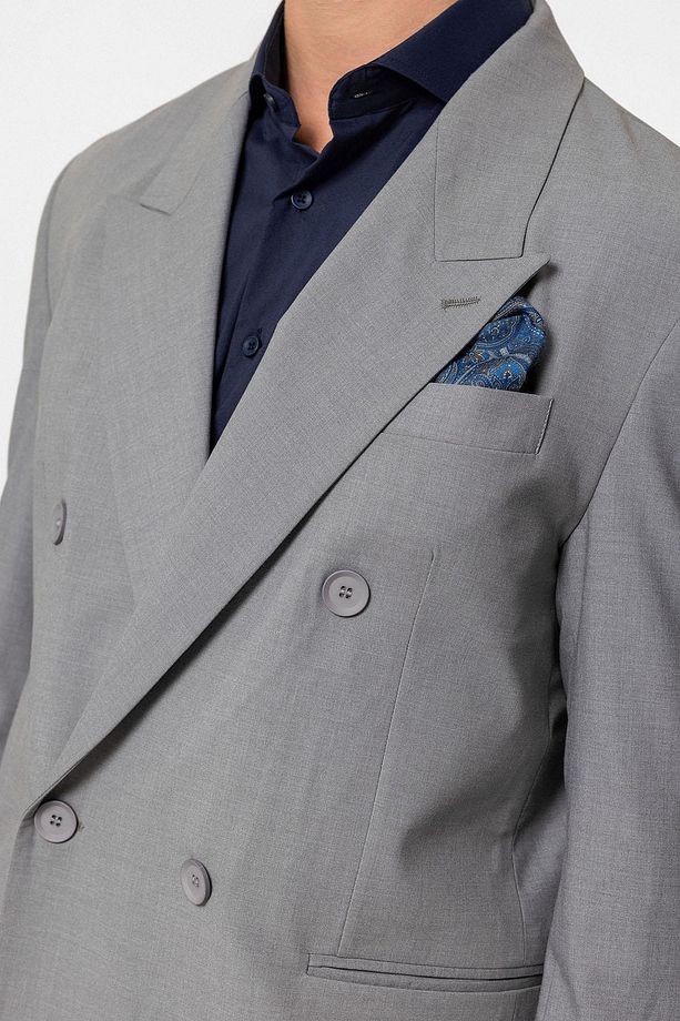Gri Tek Düğme Kruvaze Erkek Blazer Ceket - 4