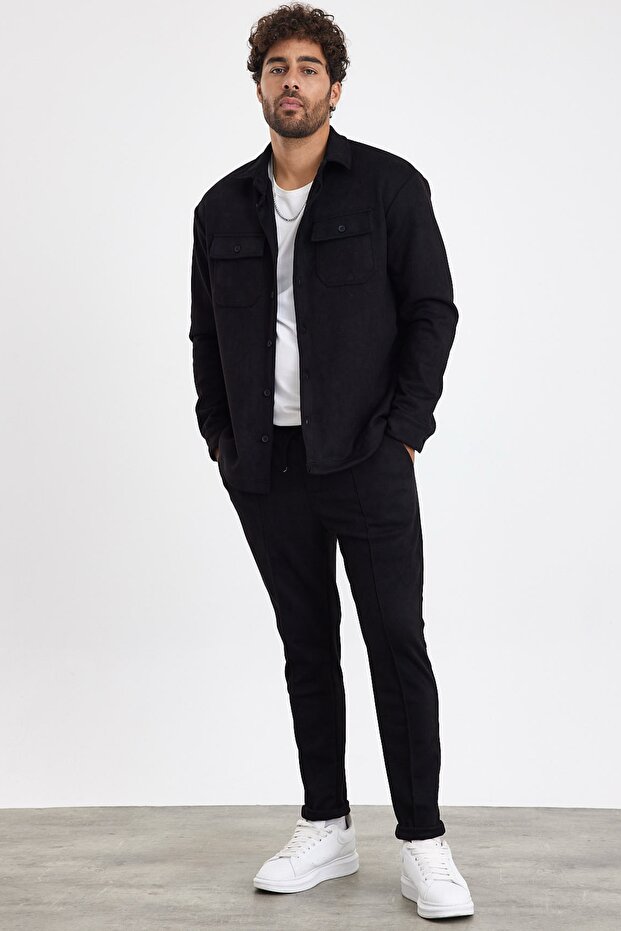 New Season Men's Trousers and Shirts 2-Piece Black Suede Set Mz0802