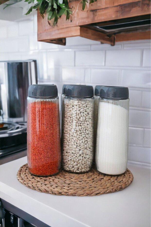 Labeled Alin 6 Pieces Line Patterned Glass Jar-Storage Container 1500 ml Gray - 5