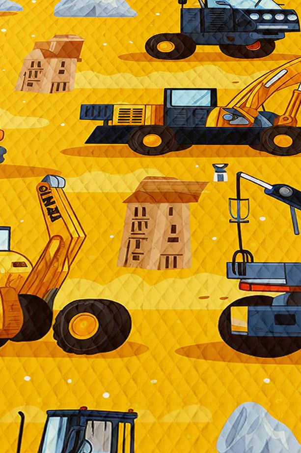 Sarı İş Makineleri İnşaat Desenli Erkek Çocuk Tek Kişilik Kapitoneli Pike Takımı Yatak Örtüsü - 3