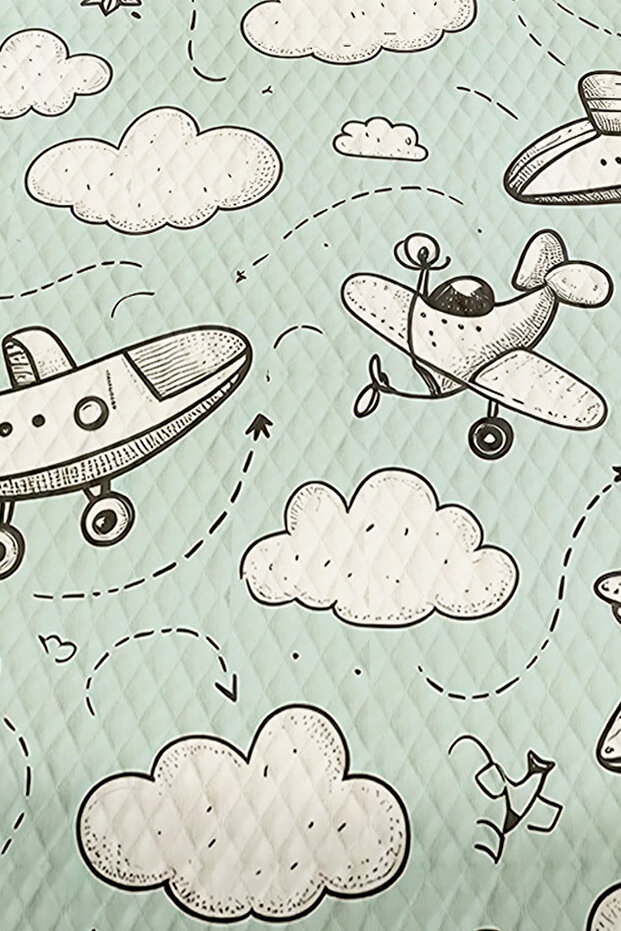 Mavi Beyaz Uçaklar Desenli Erkek Çocuk Tek Kişilik Kapitoneli Pike Takımı Yatak Örtüsü - 3