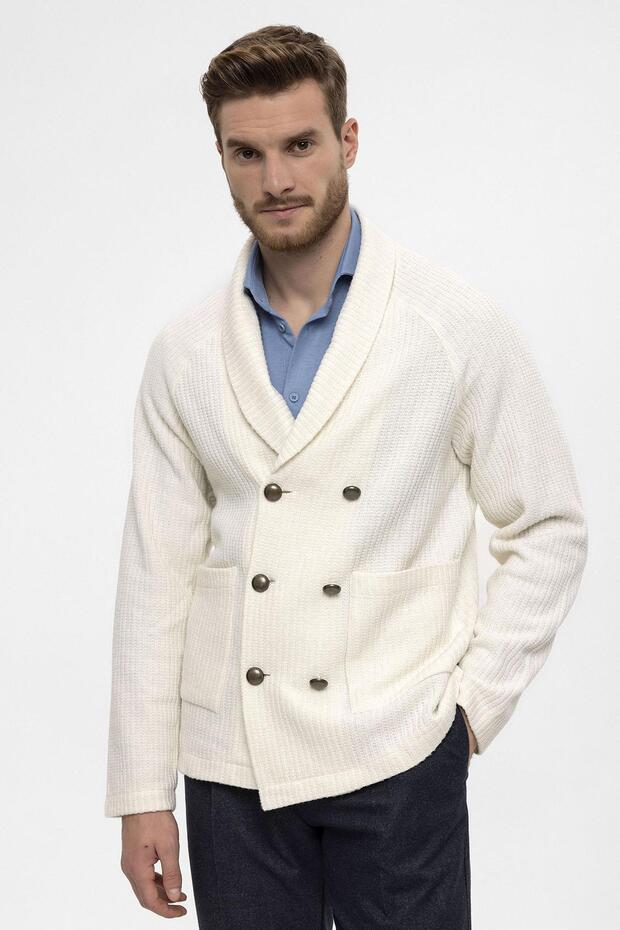 Ecru Shawl Collar Double Breasted Closure Men's Cardigan