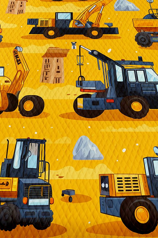 Sarı İş Makineleri İnşaat Desenli Erkek Çocuk Tek Kişilik Kapitoneli Pike Takımı Yatak Örtüsü - 2