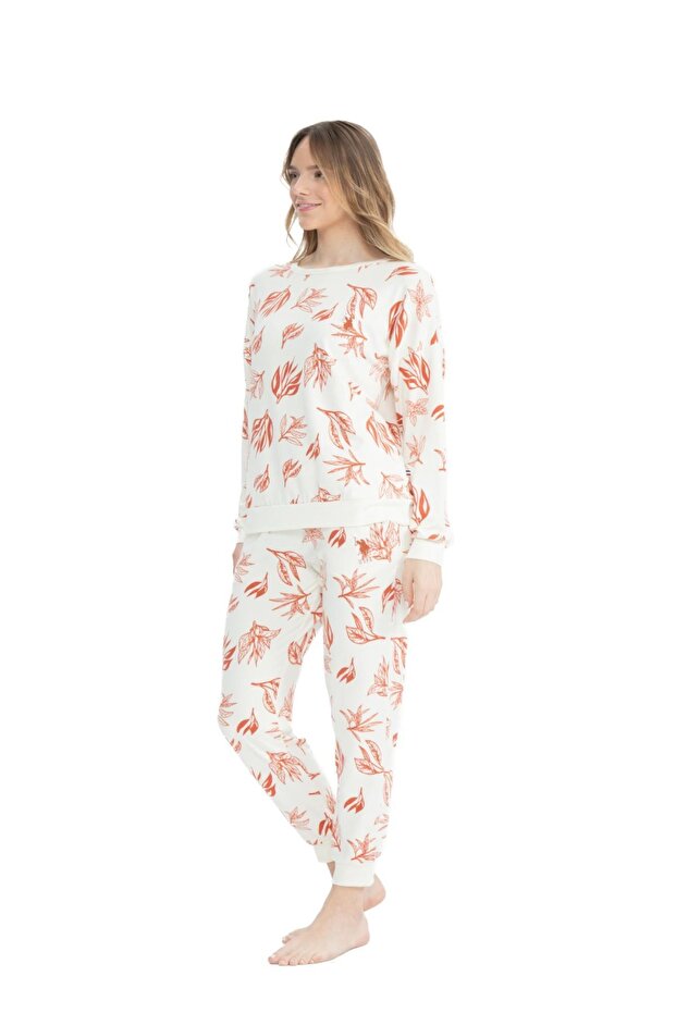 Us Polo Assn. 17105 Women's Soft Fabric Round Neck Long Sleeve Elastic Leg Pajama Set-Tile