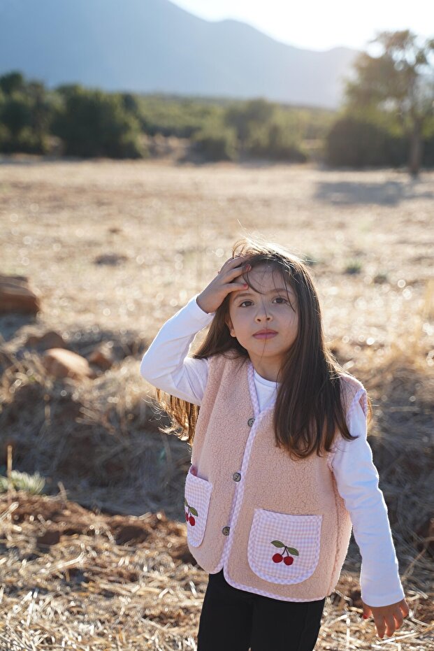Cherry Embroidered Pink Teddy Baby Kids Vest