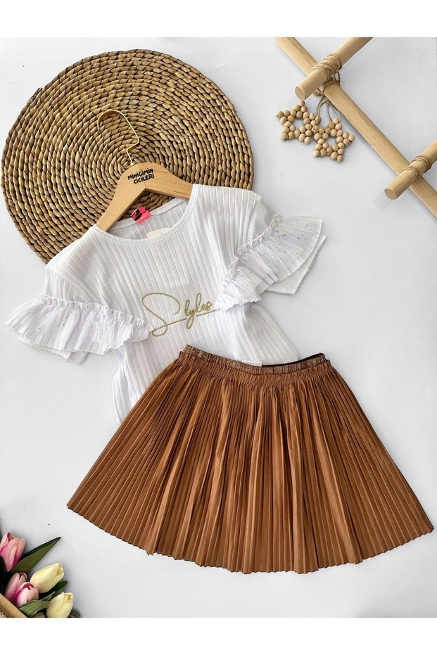Girl's Suede Skirt and Tulle Short Sleeve Set - My Little Flowers Style, Brown