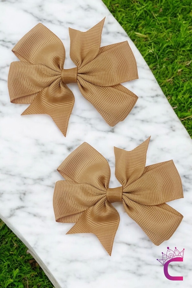 2-Piece Girls' Grosgrain Satin Bow Hair Clip Set Beige Color - Bow Ribbon Clip Hairpin