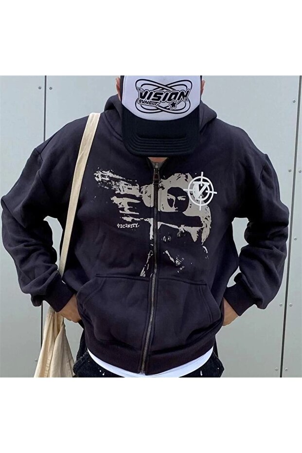 Killer Girl Vicinity Printed Oversize Zippered Black Unisex Hooded Cardigan