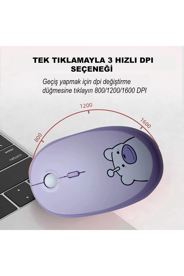 Adonis Geezer Ayıcık Desenli Kablosuz Renkli Yuvarlak Tuşlu Klavye Mouse Set Mor - 7