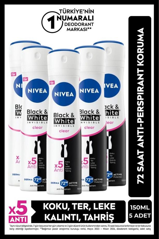 Kadın Sprey Deodorant Black&white Invisible Clear 150ml, 48 Saat Anti-perspirant Koruma, X5 Adet - 1