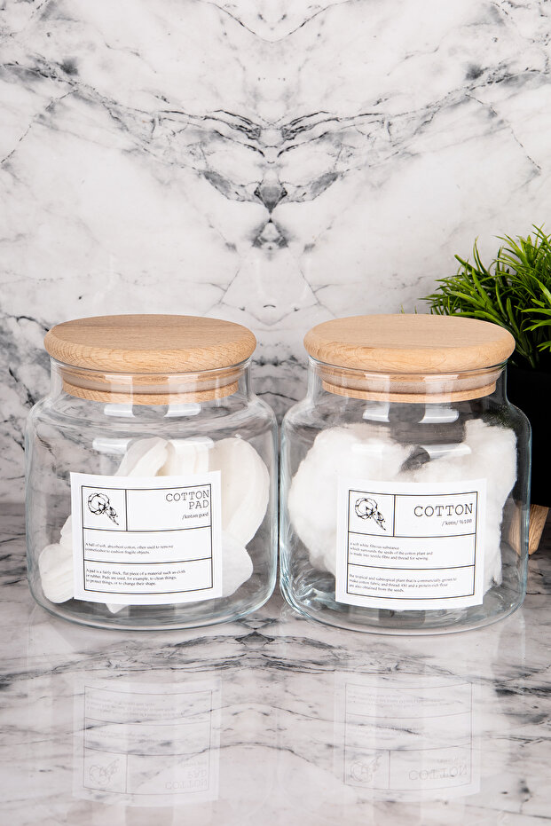 2-Piece 500ml Wooden Lid Vacuum Cotton/Makeup Cotton Labeled Glass Jar Bathroom Organizer