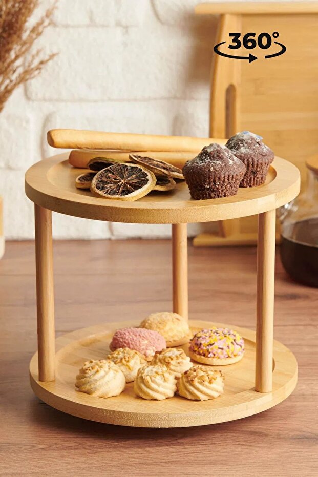 2 Tiers Kitchen Bamboo Rotating Spice Rack Set 360 Degree Swivel Shelf Organizer Aesthetic