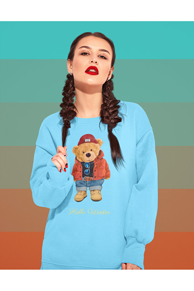 سويت شيرت مطبوع عليه Hello Winter Teddy Bear للجنسين