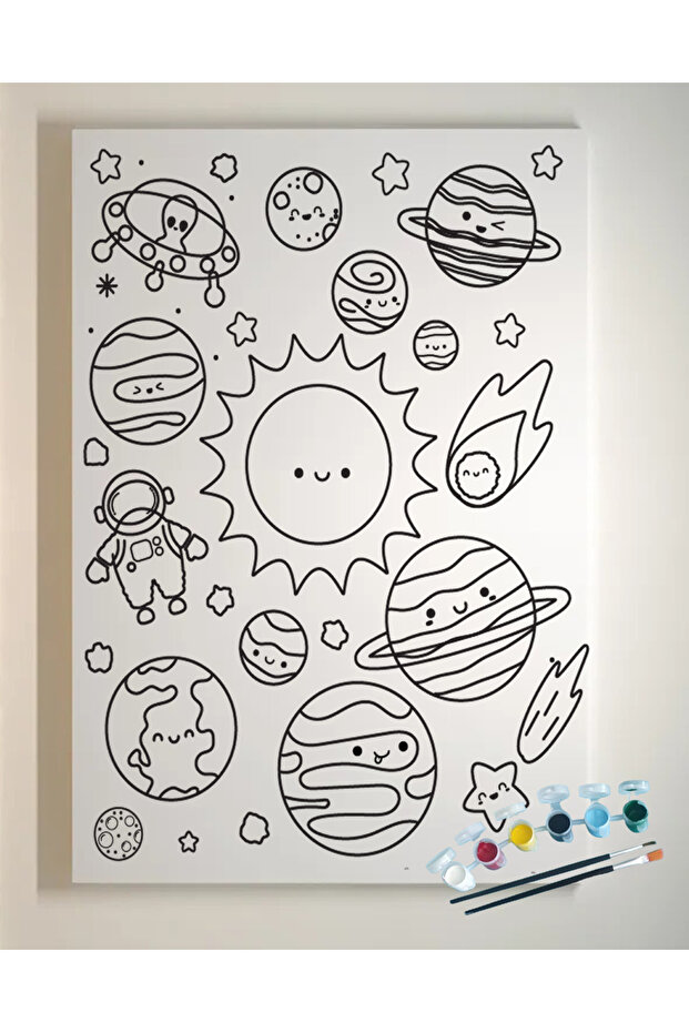 25x35 Resimli Tuval Çocuk Boyama Seti-GEZEGENLER renk akrilik boya ve 2 fırça adet fırça - 3