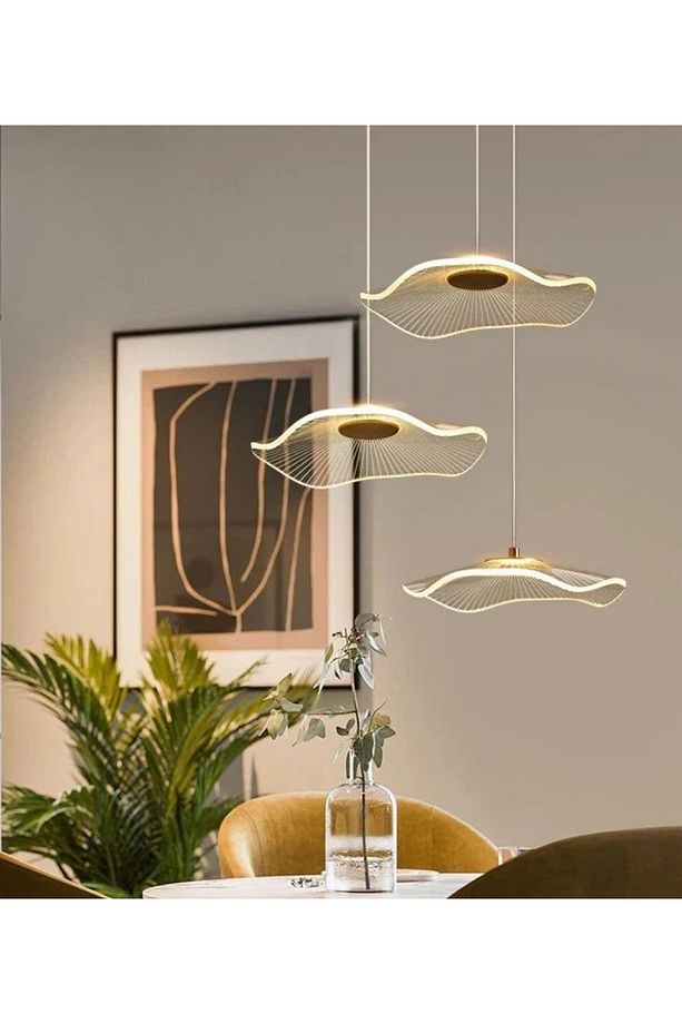 Luxury Exclusive Üçlü Yuvarlak Sarkıt Led Avize Jellyfish Salon Mutfak Oturma Odası Avize Gold Sarı - 4