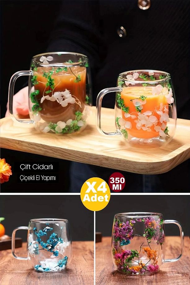Çiçekli bardak  4lü Çift Cidarlı Çiçekli Flower Cup Bardak 350 ml El Yapımı Borosilikat Kulplu Kahve - 1