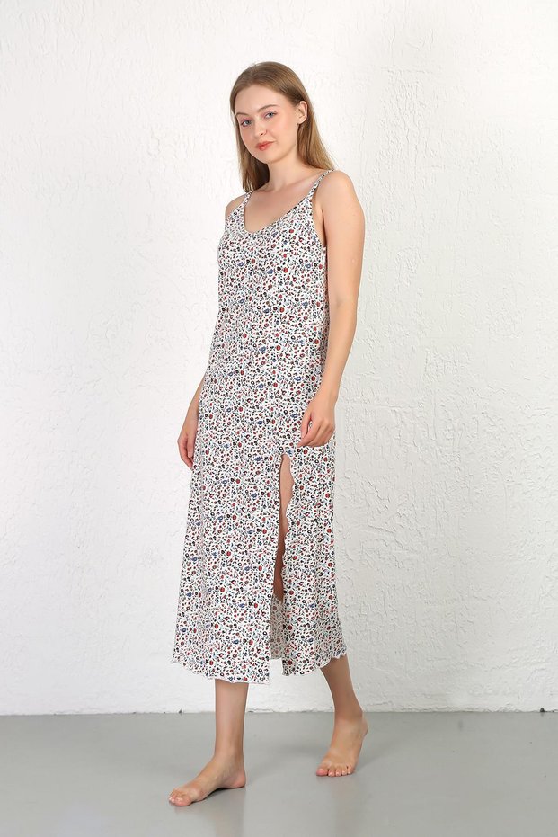 Fashionable Line-Strap Long Slit Combed Cotton Nightgown 90129 White