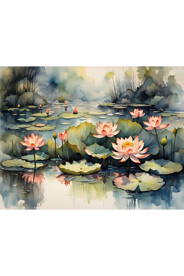 Sayılarla Boyama Hobi Seti (RENKLİ BASKI-ÇERÇEVELİ) 40x50 cm: Lotus Çiçeği 2 - 3