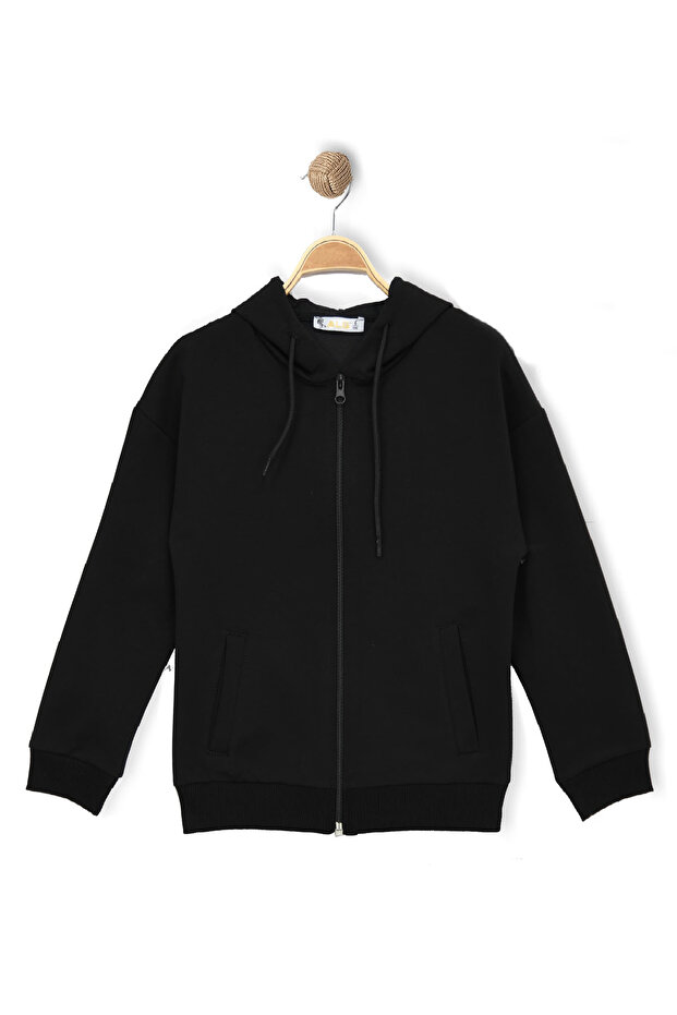 Plain Black Zippered Hooded Sweatshirt